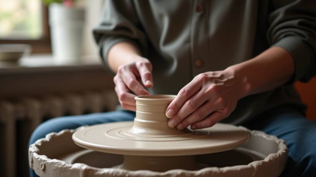 Artisan hands shaping clay pottery on a wheel in natural studio lighting
