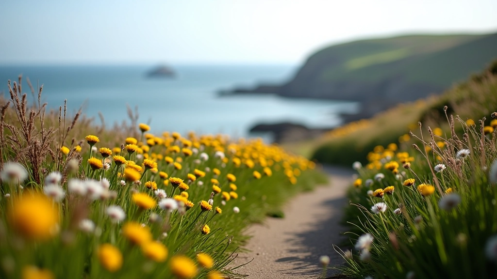 Coastal wildflowers growing along the waterfront path near Dunmore Head