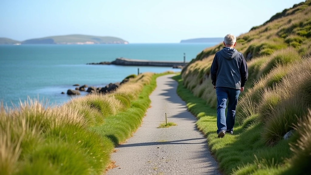 Coastal path along Dingle Bay with Blasket Islands visible in distance, grassy hillside on one side, water views on the other