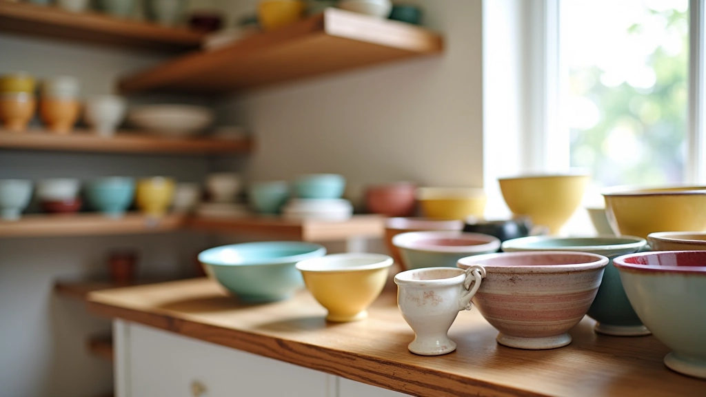 Colorful pottery bowls and handmade ceramic pieces displayed on wooden shelves in a bright studio space