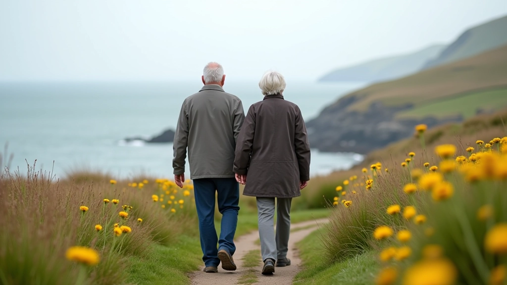 Senior couple walking along a coastal path with Dingle Bay views, wildflowers on the side
