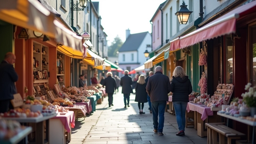 Wide view of colourful craft stalls along Green Street with customers browsing at leisurely pace