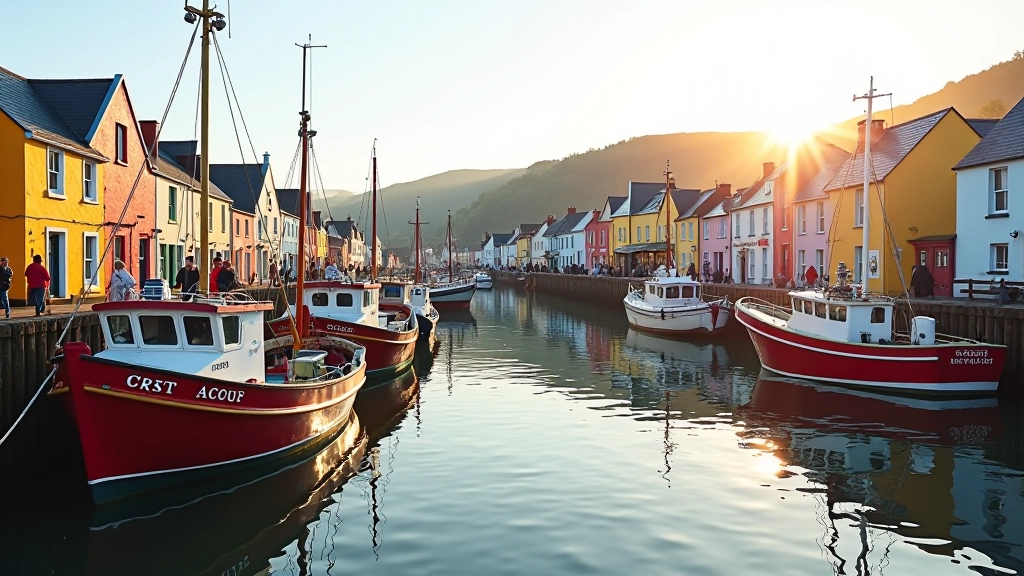 Dingle waterfront with traditional fishing boats moored at the harbor, pastel-colored buildings in background, calm morning light