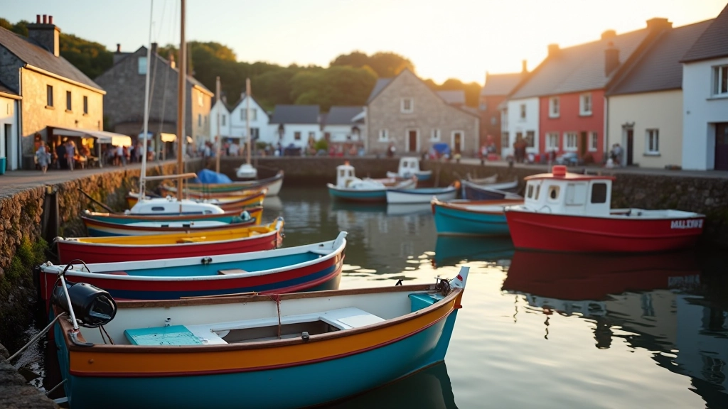 Colorful boats moored at Dingle marina with charming stone buildings and waterfront cafes