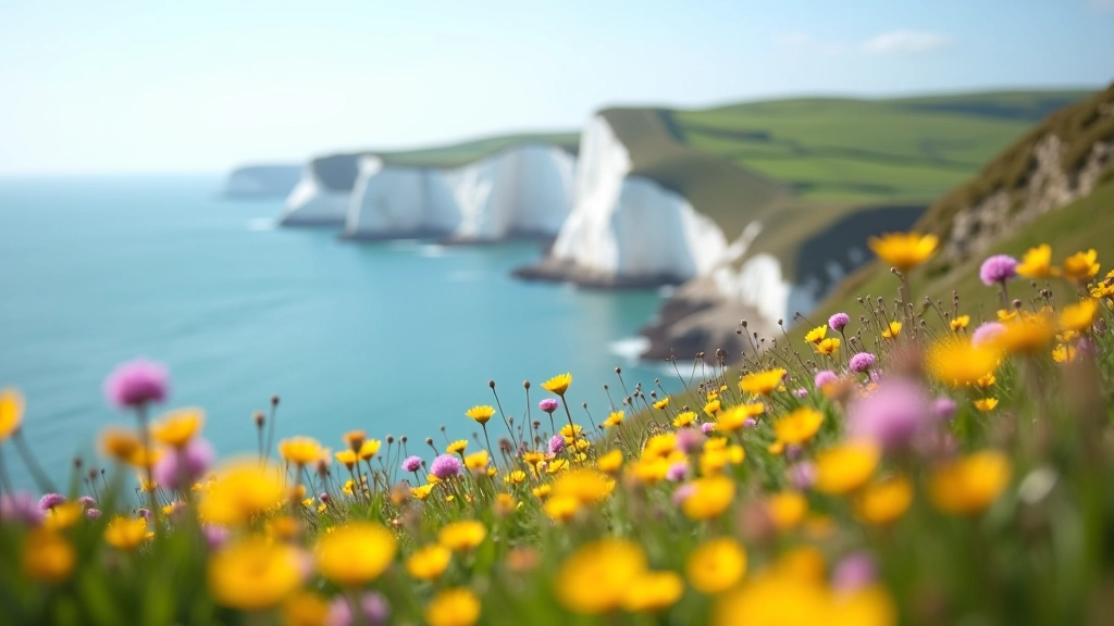 Dunmore Head viewpoint with dramatic coastline views, waves visible below, wildflowers in foreground