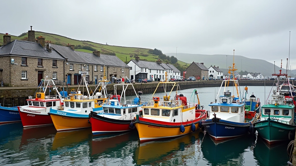 Colorful fishing boats lined up along a quiet harbour dock with stone buildings in the background