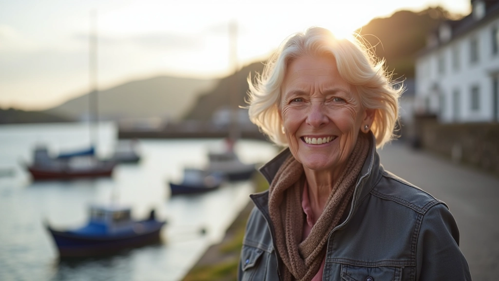 Smiling mature woman enjoying a walk by the waterfront