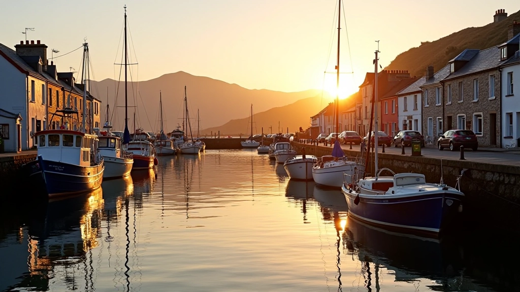 Dingle harbour with boats and waterfront buildings at sunset