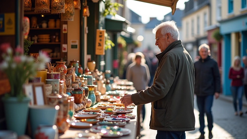 Green Street market scene with local craft stalls, handmade pottery, and visitors browsing items