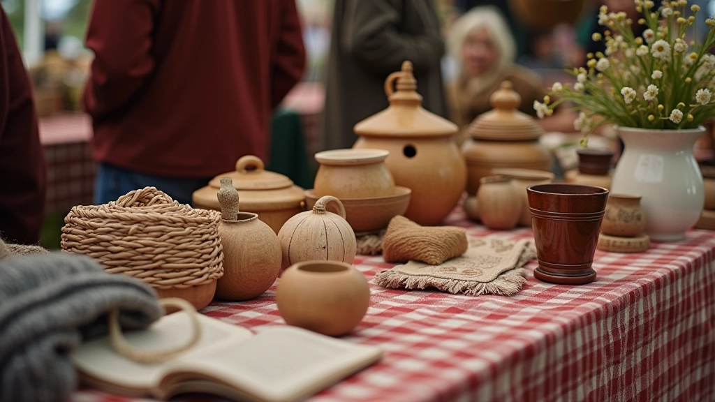 Close-up of local craft items including hand-woven scarves, wooden items, and ceramic pieces on a market table