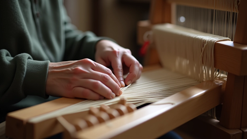 Hands of a craftsperson working at a weaving loom, close-up of threads and wooden loom structure with natural workshop lighting