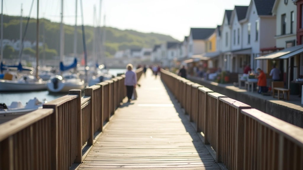 Close-up of harbor pathway with waterfront railings and boats visible, morning sunlight casting long shadows