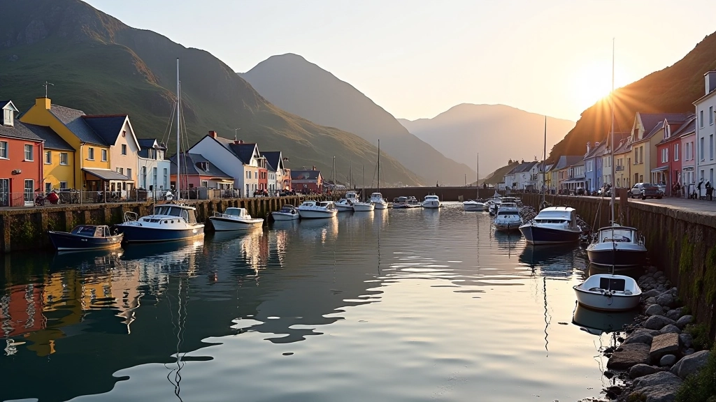 Dingle harbour with boats and coastal buildings