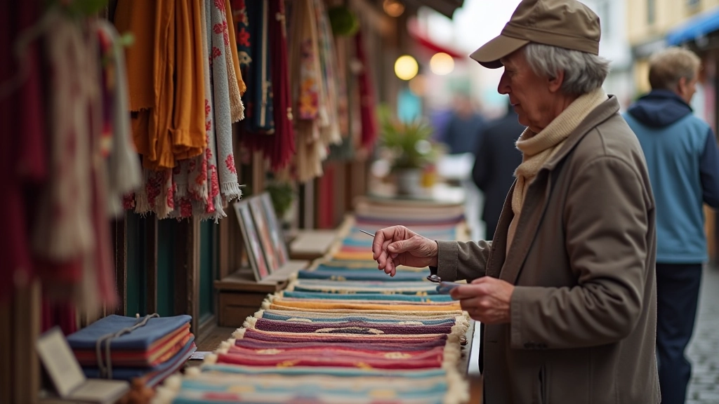 Local artist browsing handmade textiles and woven goods at craft market
