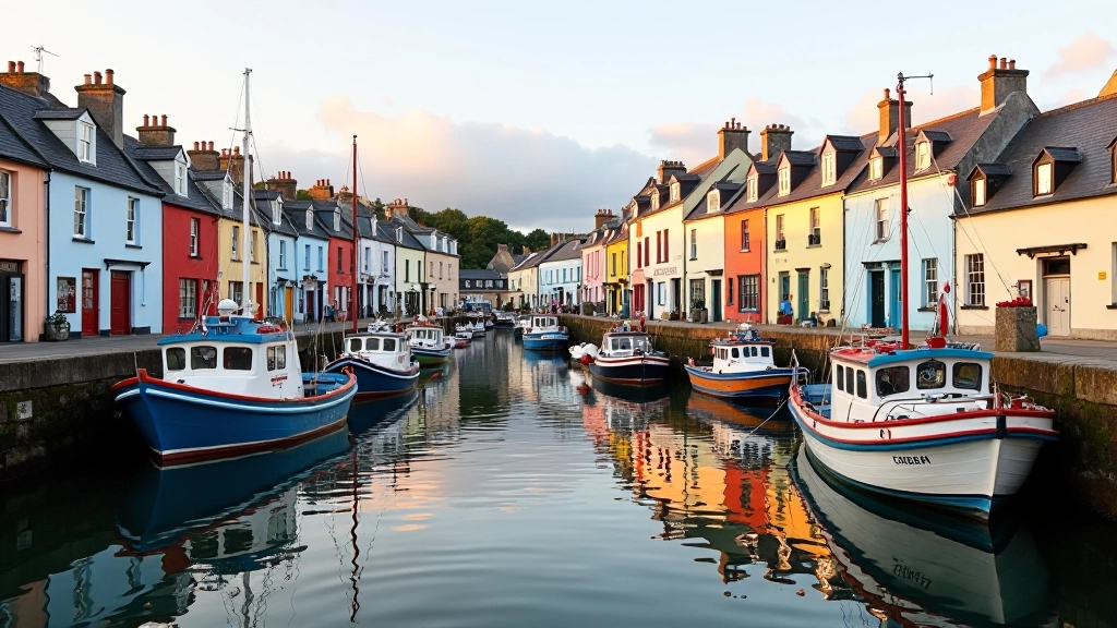 Dingle harbour with colourful boats and waterfront buildings