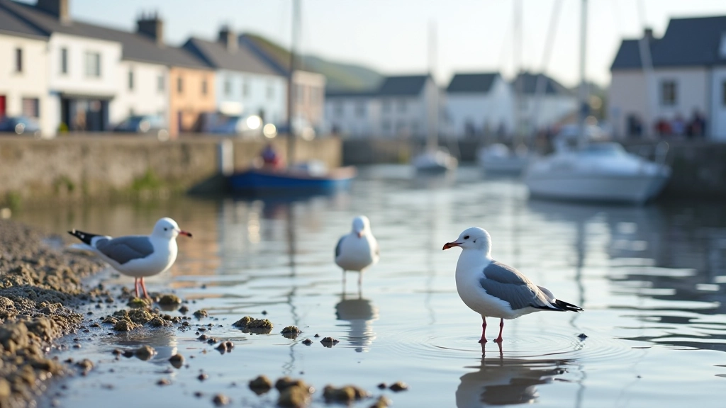 Peaceful harbour waterfront with seagulls and calm reflections