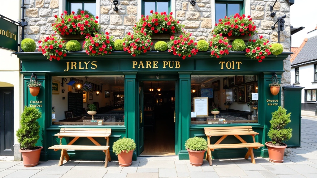 Traditional Irish pub storefront on Green Street with hanging baskets and flowers