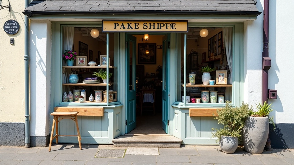 Wide shot of a charming small shop storefront with hand-painted wooden door and window display showing various handmade items and textiles