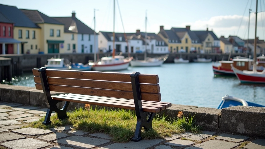 Weathered wooden bench overlooking Dingle harbour with fishing boats in background and calm blue water